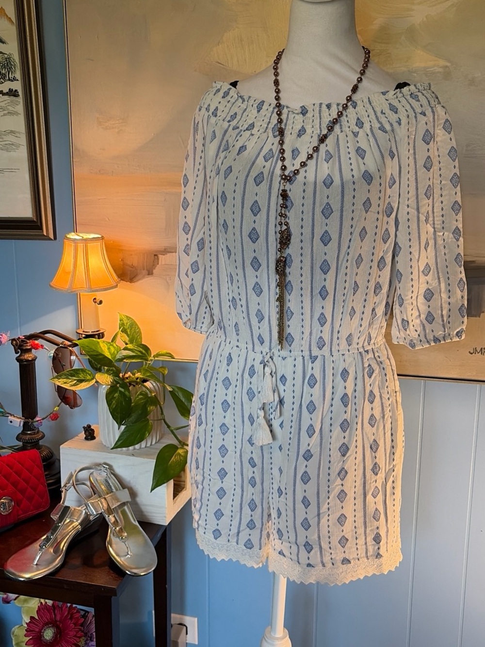 Pink Rose White and Blue Off-Shoulder Romper